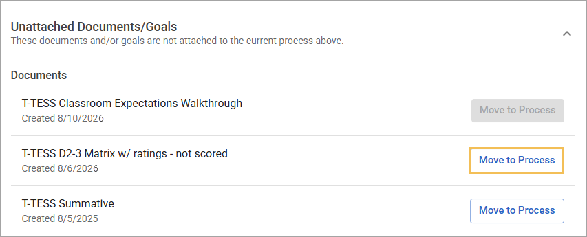 List of unattached documents with options to move them to a process step.